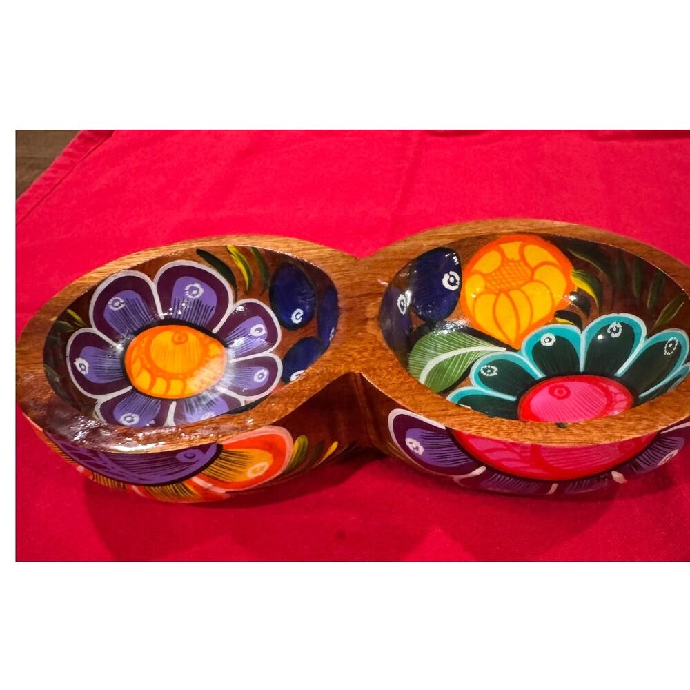 Vintage Mexican Folk Art Hand Painted Wood Double Bowl Batea Salsa Dish 9.5"